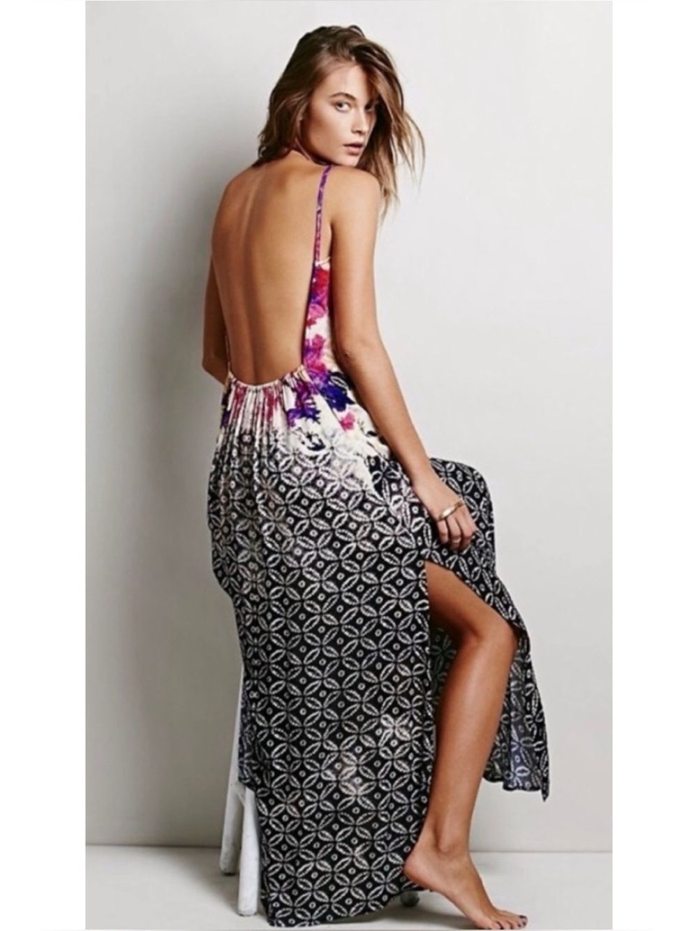 Free People Hollywood Star Hobo Open Back Nomad Print Slip Maxi Dress Floral - M